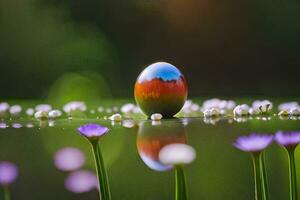 a colorful egg sitting on top of a pond with flowers. AI-Generated photo