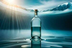 un botella de agua se sienta en el superficie de el agua. generado por ai foto
