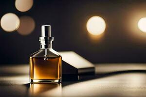 a bottle of perfume sitting on a table. AI-Generated photo