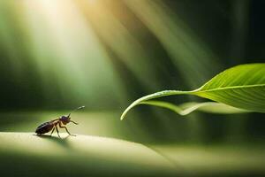 a bug on a leaf in the sunlight. AI-Generated photo