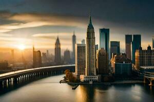 the sun sets over the city skyline in new york. AI-Generated photo