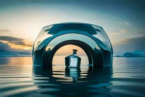 a bottle of whisky sits in the water at sunset. AI-Generated photo
