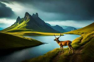 the deer is standing in front of the water and mountains. AI-Generated photo
