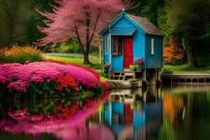 a blue house sits on the edge of a pond with pink flowers. AI-Generated photo