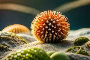 a spiky sea urchin on the beach. AI-Generated photo