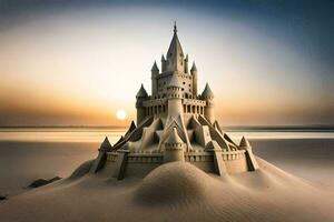 a castle made out of sand on the beach. AI-Generated photo