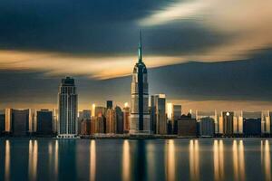 el ciudad horizonte es reflejado en el agua. generado por ai foto