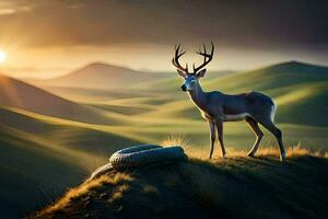 a deer stands on a hill with a tire. AI-Generated photo