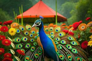 a peacock is standing in a field of flowers. AI-Generated photo