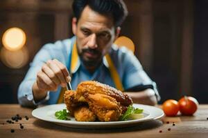 un hombre es comiendo frito pollo en un lámina. generado por ai foto