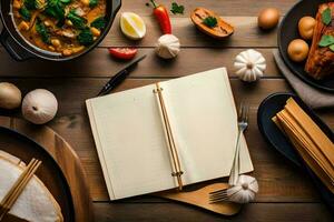 un cuaderno con un bolígrafo y un plato de comida en un de madera mesa. generado por ai foto