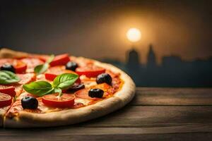 pizza with tomatoes and olives on a wooden table. AI-Generated photo