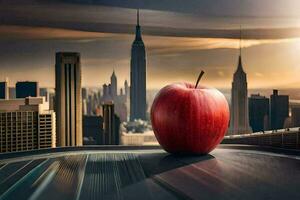 un manzana se sienta en parte superior de un techo con vista a un ciudad. generado por ai foto