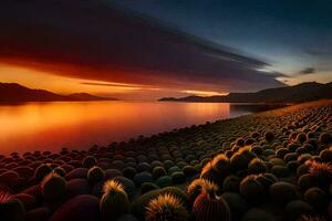 un puesta de sol terminado el Oceano con cactus plantas. generado por ai foto