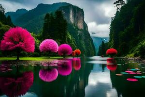 photo wallpaper the sky, trees, water, mountains, flowers, the sky, the clouds,. AI-Generated