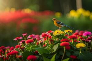 a bird is perched on top of a flower bed. AI-Generated photo