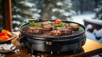 Winter Barbecue Cooking Meat on a Compact Round Grill photo