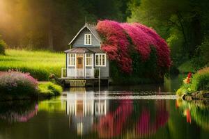 un casa en el agua con rosado flores generado por ai foto