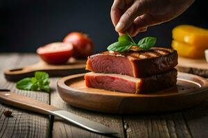 a person is placing a piece of meat on a plate. AI-Generated photo
