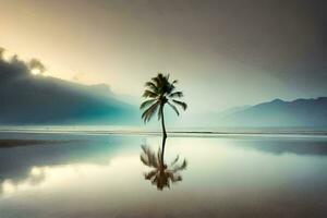 un solitario palma árbol soportes en el playa en frente de un montaña. generado por ai foto