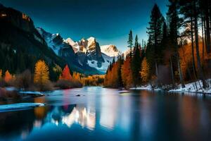 un río en el montañas con arboles y nieve. generado por ai foto