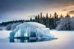 a house made of ice in the middle of a lake. AI-Generated photo