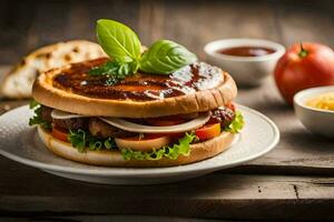 a hamburger with bbq sauce and tomatoes on a white plate. AI-Generated photo