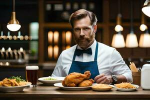 a man with a beard and apron is sitting at a table with food. AI-Generated photo