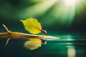 a leaf beetle on a leaf in the water. AI-Generated photo