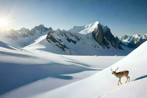 a deer stands on the snow covered mountains. AI-Generated photo