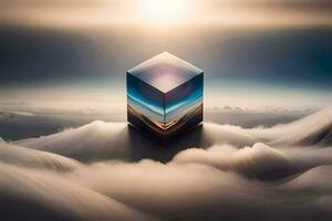 a cube in the sky with clouds. AI-Generated photo