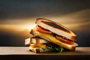 a grilled sandwich with cheese and tomatoes on a wooden table. AI-Generated photo