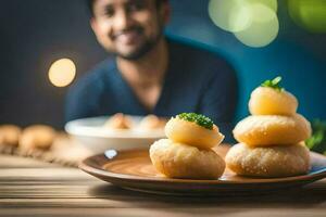 a man sitting in front of a plate of food. AI-Generated photo