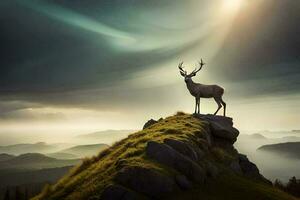 photo wallpaper the sky, mountains, deer, the sun, the deer, the deer, the. AI-Generated