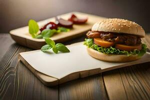 a hamburger and a salad on a wooden cutting board. AI-Generated photo