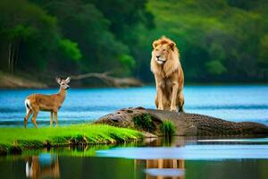 un león y un ciervo son en pie en el borde de un río. generado por ai foto