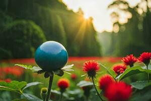 a blue ball in a field of red flowers. AI-Generated photo