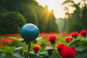 un azul pelota en un campo de rojo flores generado por ai foto