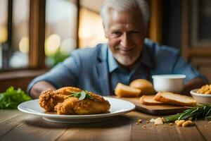 an older man sitting at a table with a plate of food. AI-Generated photo