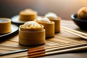 chinese food in bamboo containers on a table. AI-Generated photo