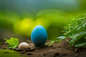 un azul huevo es sentado en el suelo siguiente a un verde planta. generado por ai foto