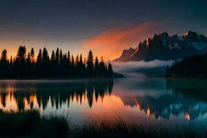 a beautiful mountain lake at sunset with trees and mountains in the background. AI-Generated photo