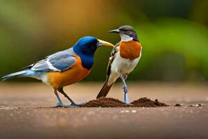 dos aves en pie en el suelo con suciedad. generado por ai foto