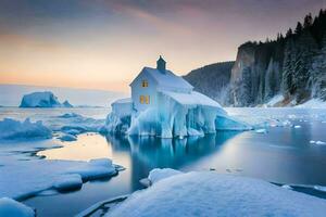 un Iglesia en un iceberg en el medio de el océano. generado por ai foto