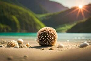 a small ball of sand on the beach with shells. AI-Generated photo