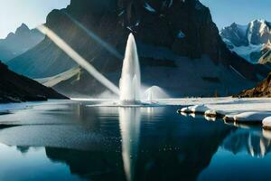 un fuente en el medio de un lago rodeado por montañas. generado por ai foto