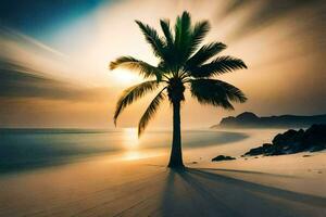 un palma árbol soportes en un playa a puesta de sol. generado por ai foto