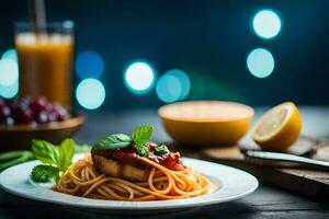 spaghetti with tomato sauce and basil leaves on a plate. AI-Generated photo