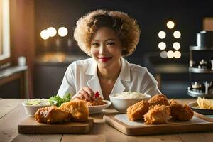 un mujer es sentado a un mesa con dos platos de alimento. generado por ai foto