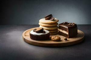 a wooden plate with a cupcake, cookies and a cake. AI-Generated photo
